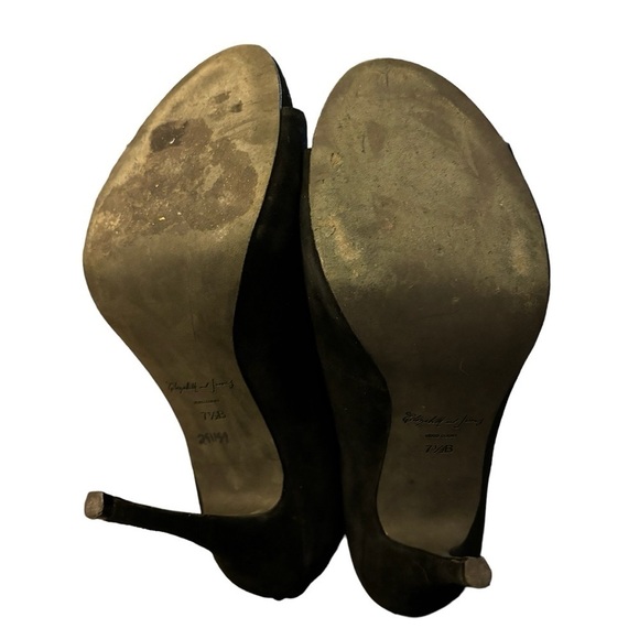 Elizabeth and James Black Suede Silver Metallic Peep Toe Heeled Booties Size 7.5 - Picture 9 of 9